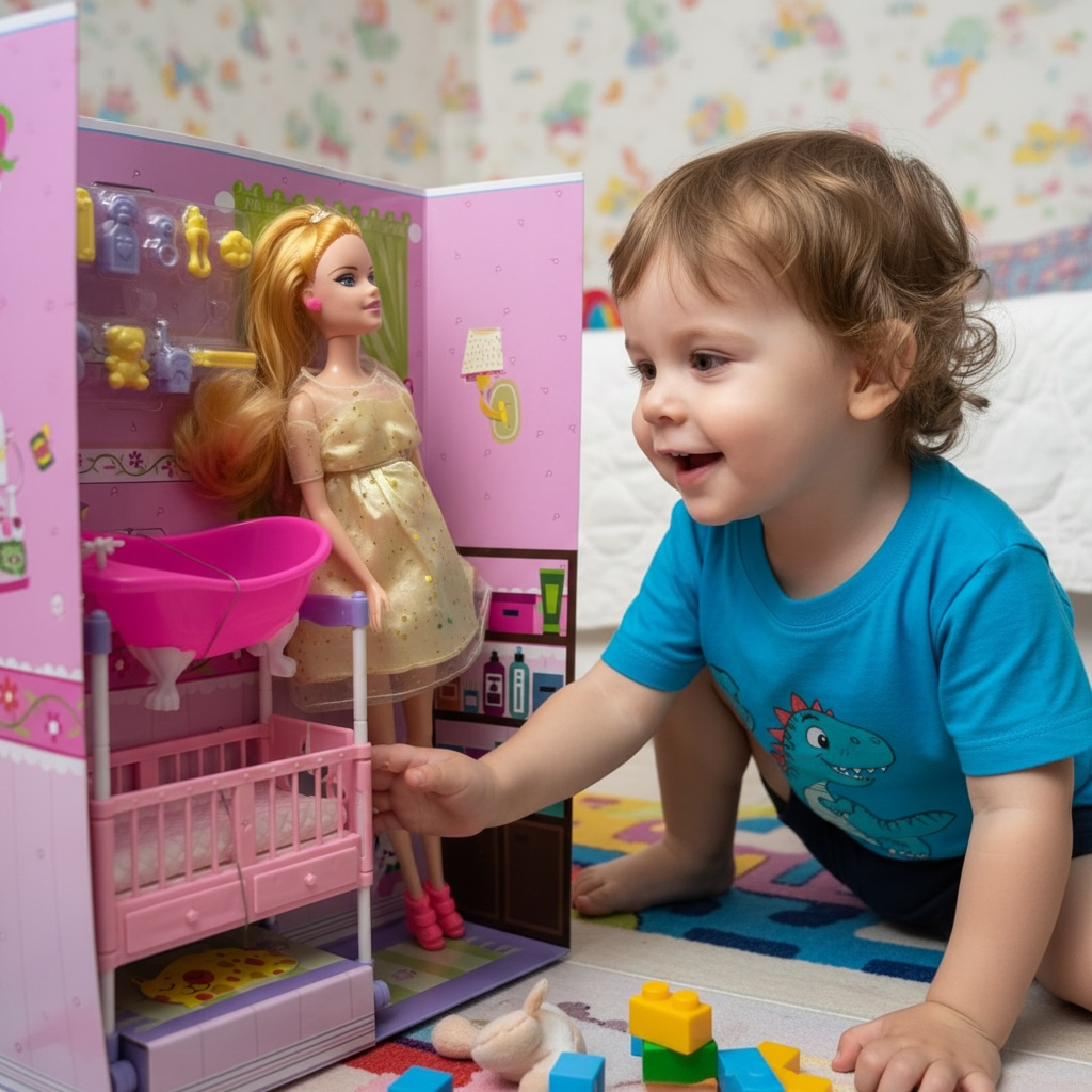 Păpușă Gravida cu Set Bebeluș – Pătuț, Cadă și Masă de Înfășat