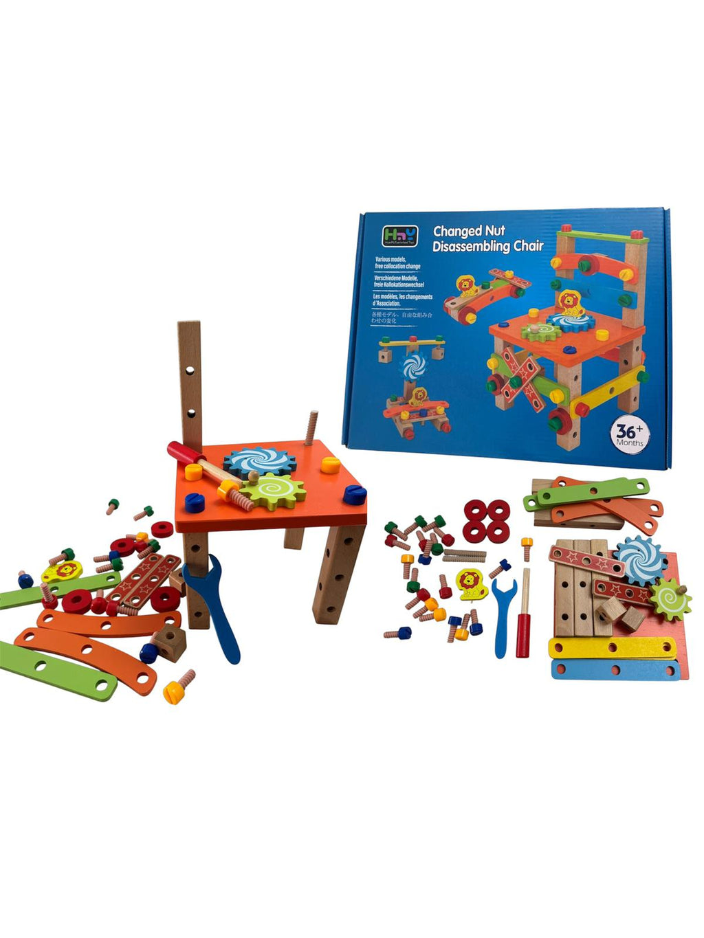 Set de construcție educativ și interactiv - Scaun din lemn de asamblat cu șuruburi și unelte
