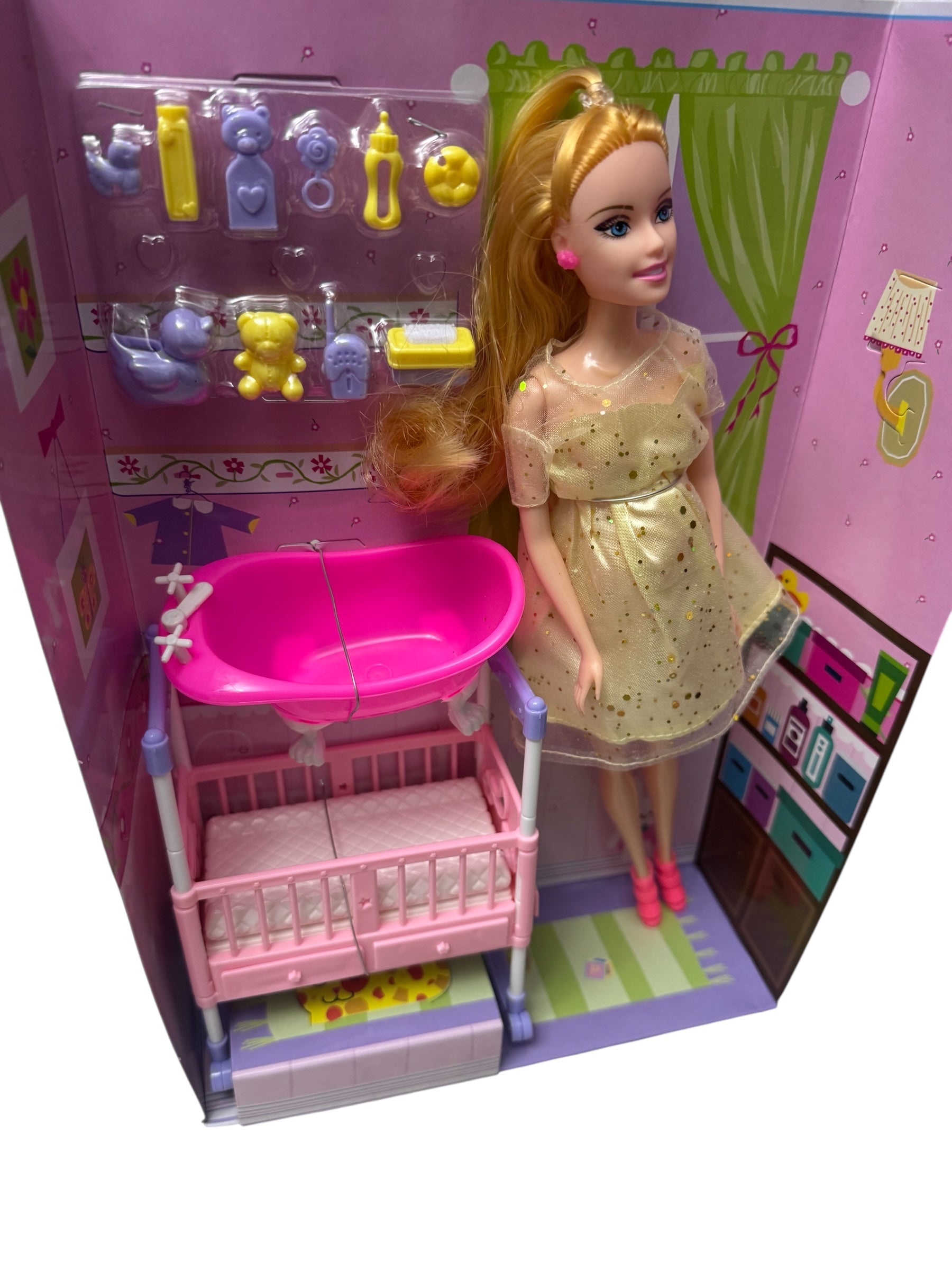 Păpușă Gravida cu Set Bebeluș – Pătuț, Cadă și Masă de Înfășat