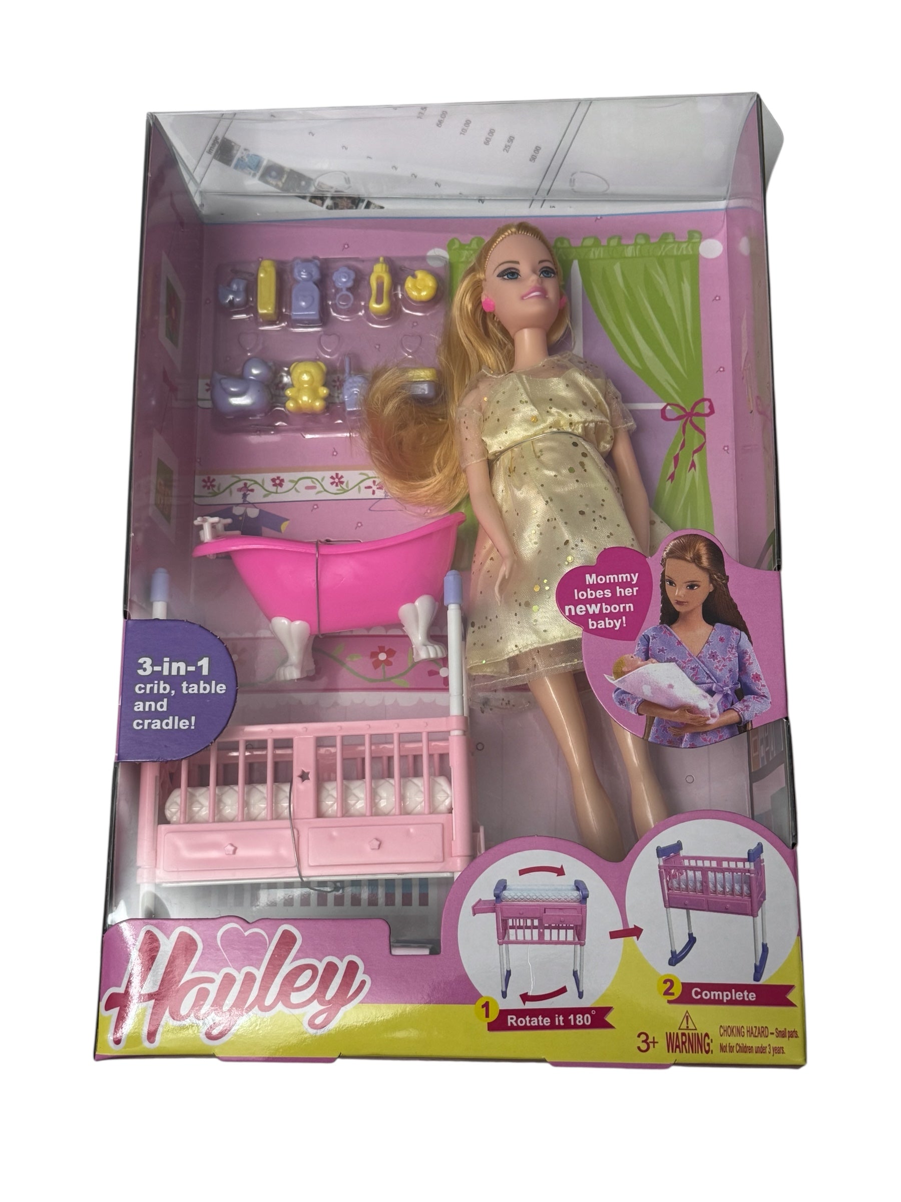 Păpușă Gravida cu Set Bebeluș – Pătuț, Cadă și Masă de Înfășat