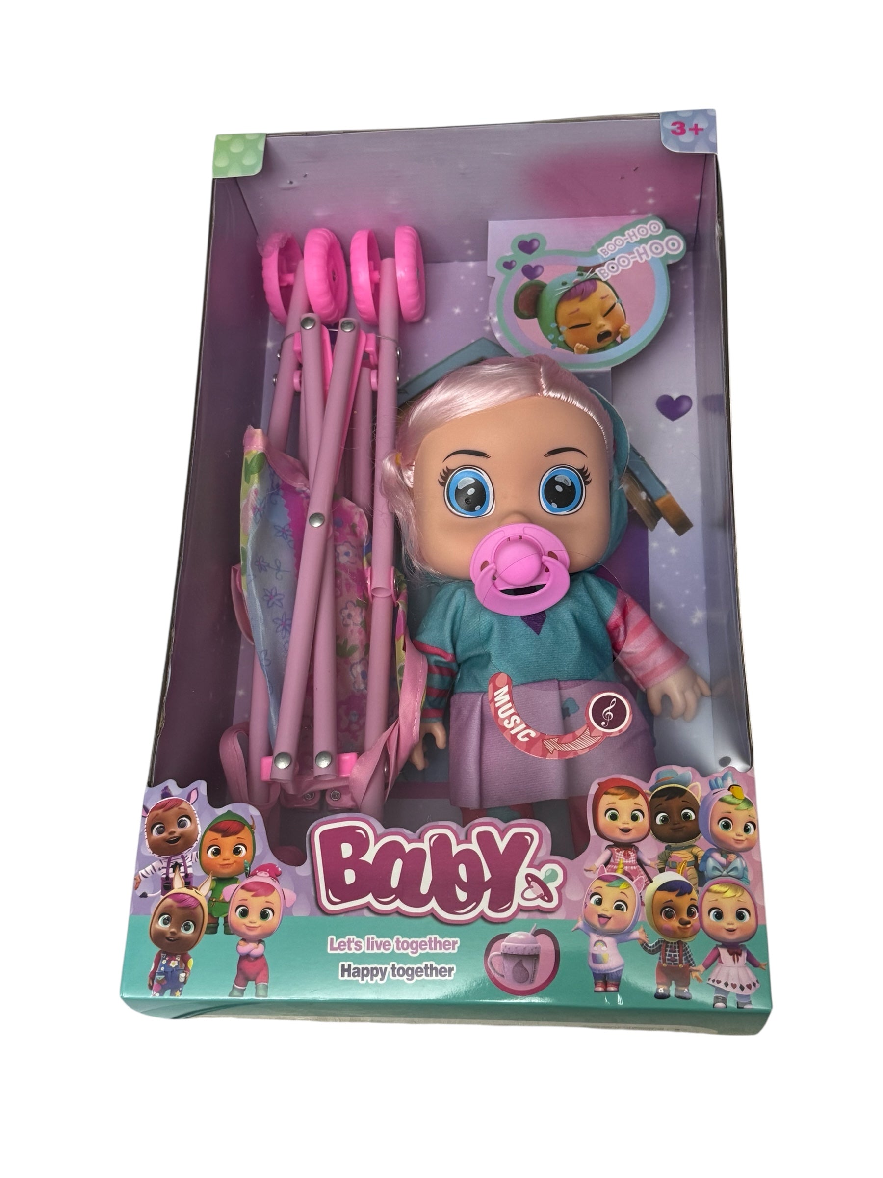 Păpușă Bebeluș cu Cărucior Pliabil și Accesorii, 3+ ani