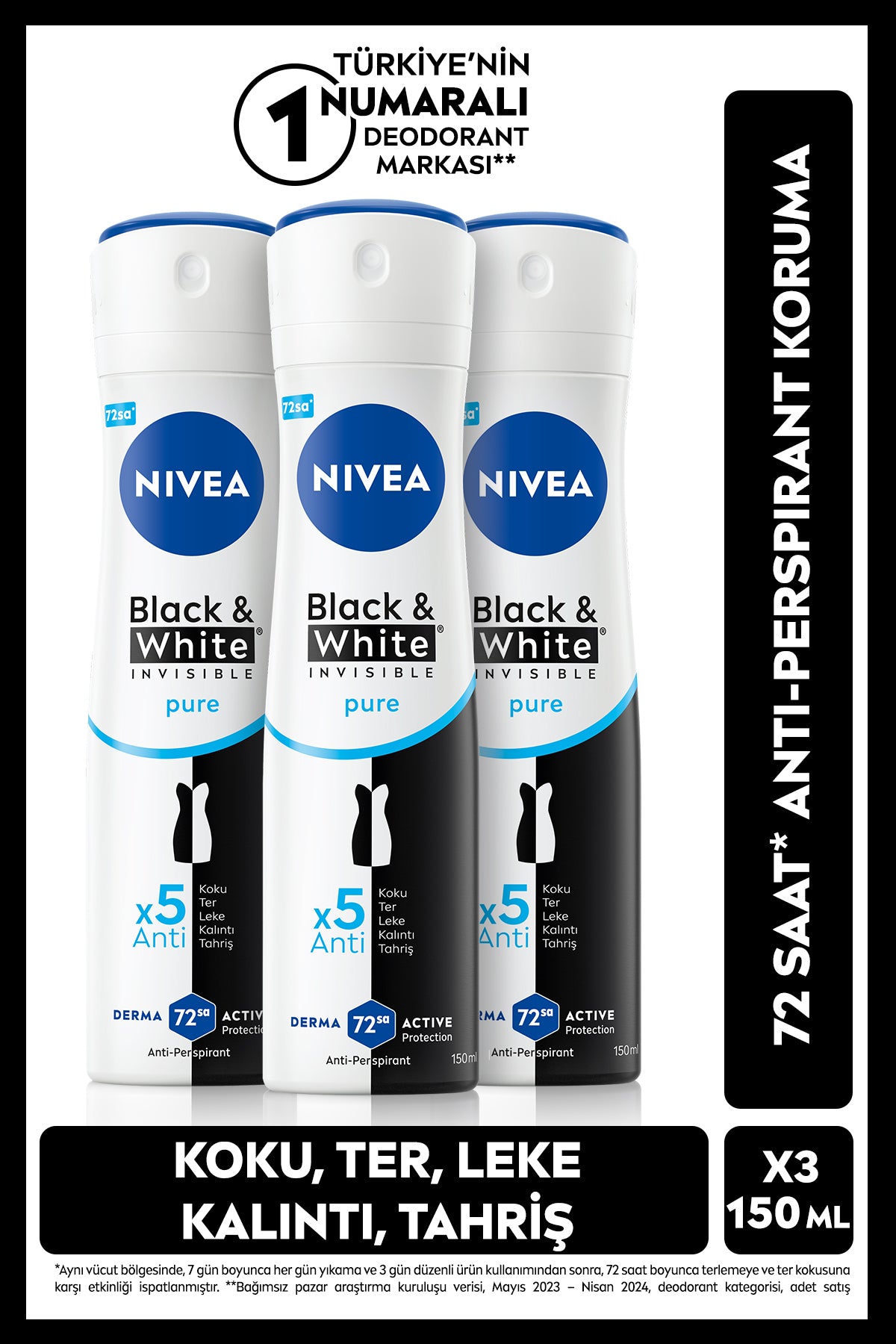 Invisible Black&White Pure Spray Deodorant 150ml Pachet de 3 pentru femei