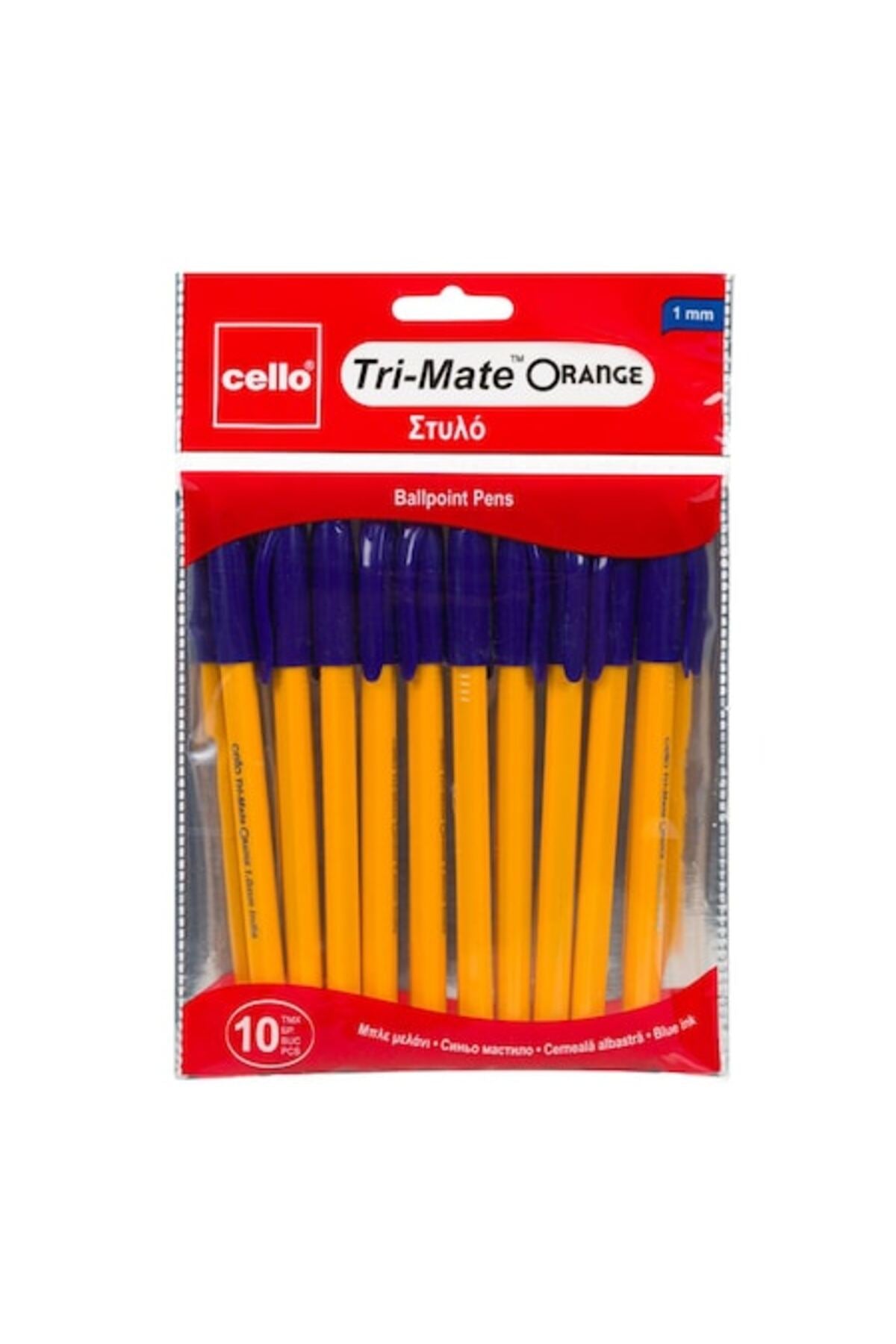 Set pixuri cu bilă Cello Tri‑Mate, 1,0 mm, cerneală albastră, corp galben, 10 buc.