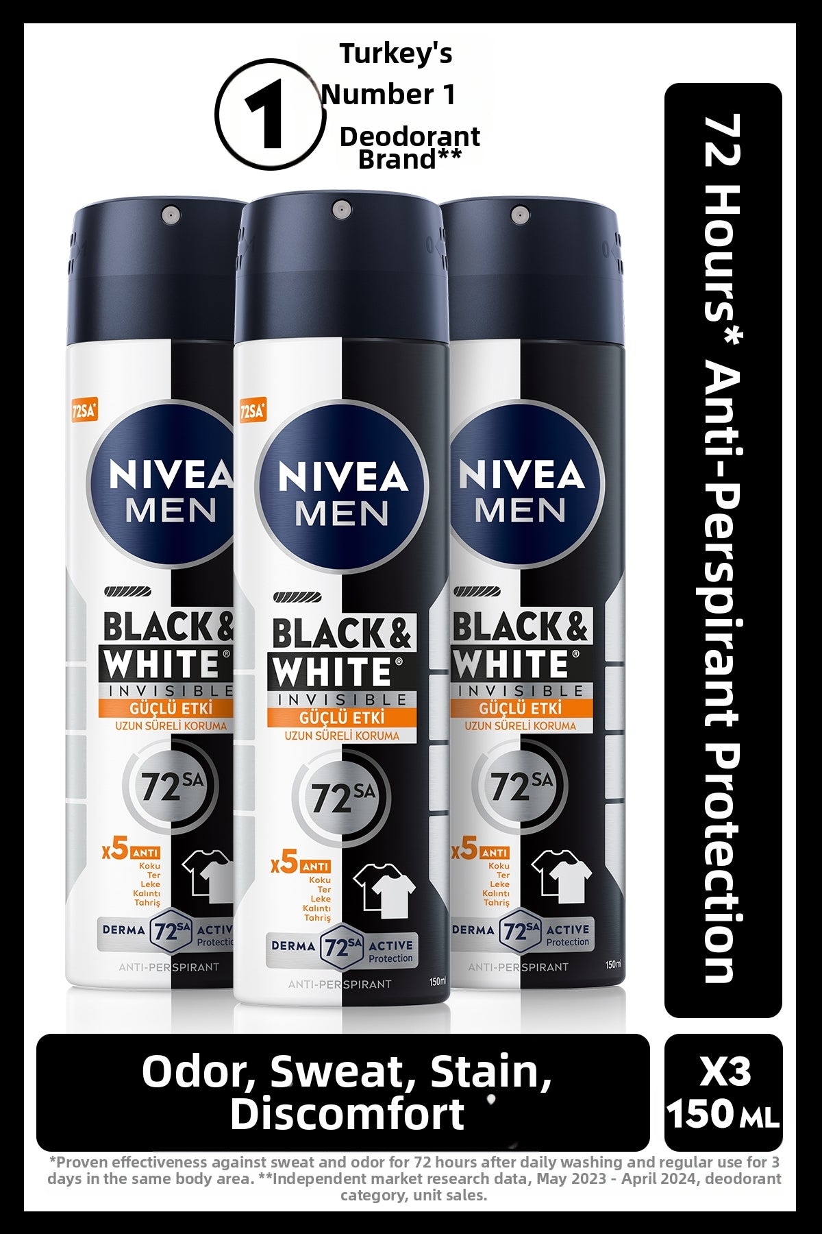 Deodorant spray bărbați Men Black & White Invisible Strong Effect 150 ml - Set 3 bucăți