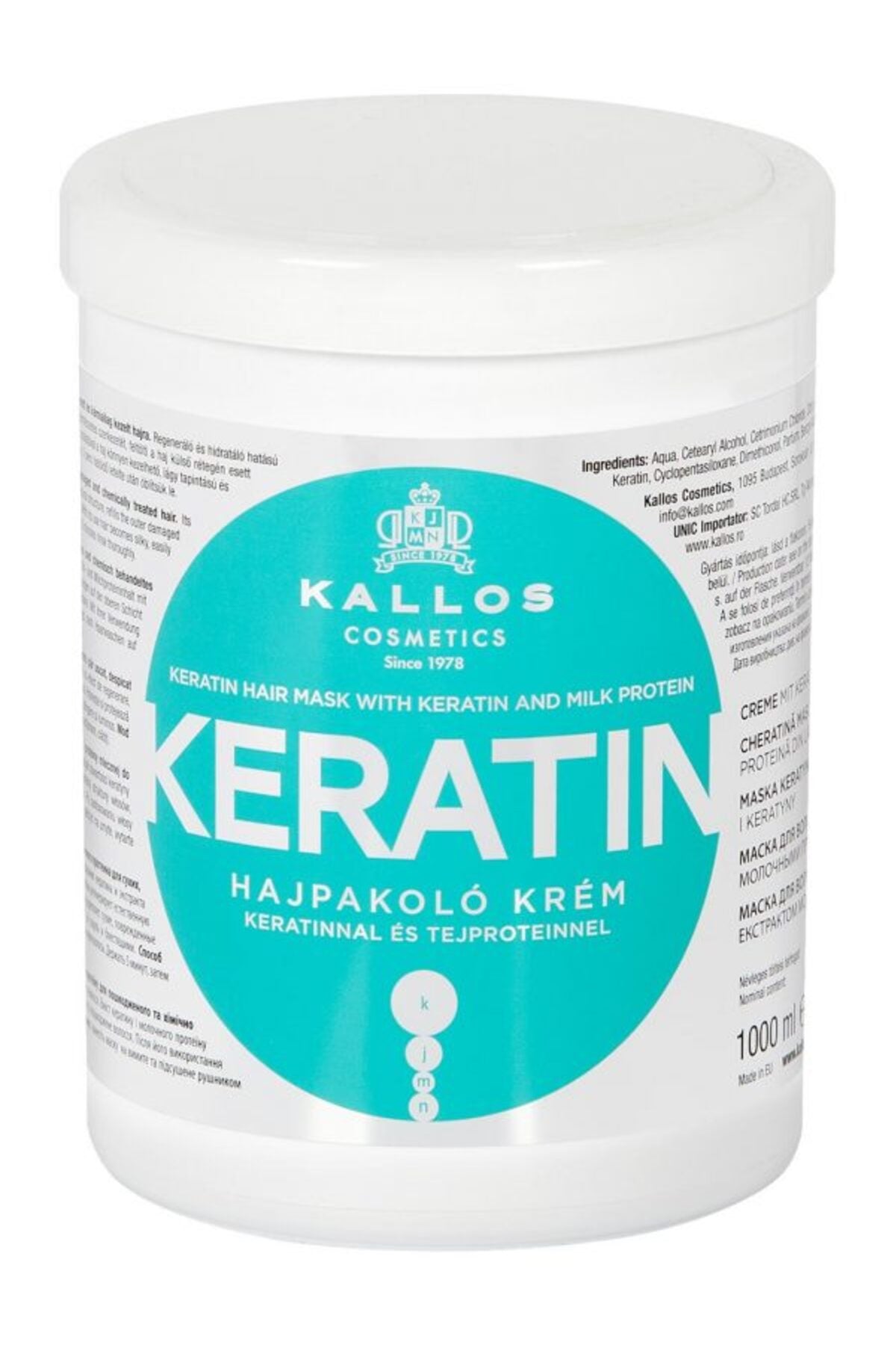 Mască pentru păr cu keratină și proteină din lapte Kallos 1000ml