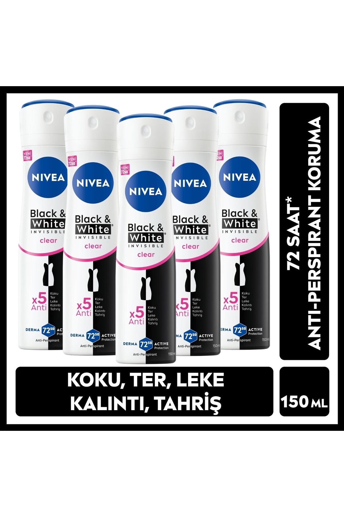 Dove Black&White Invisible Clear Deodorant spray antiperspirant 48h 150ml - Set 5 bucăți