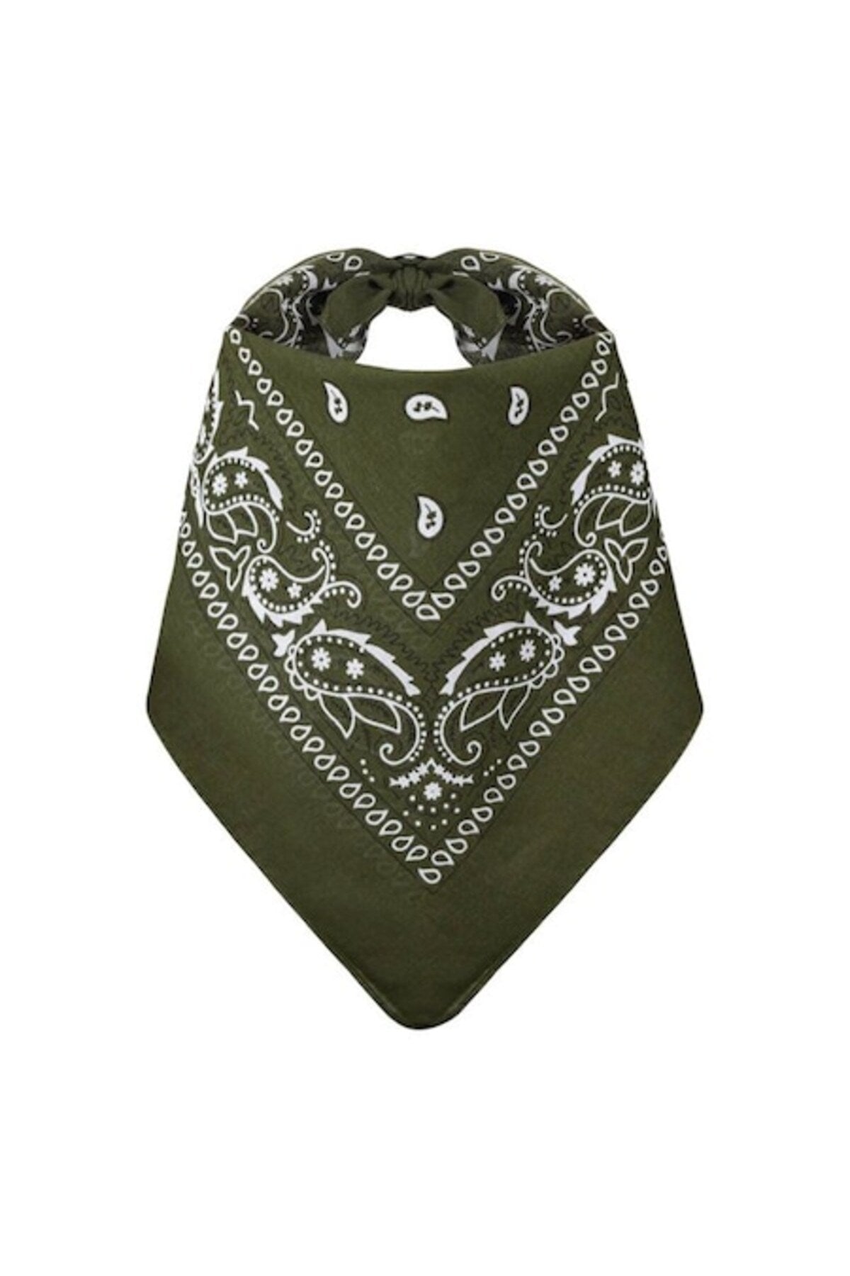 Bandană din bumbac, kaki, model Paisley alb, 54x54cm