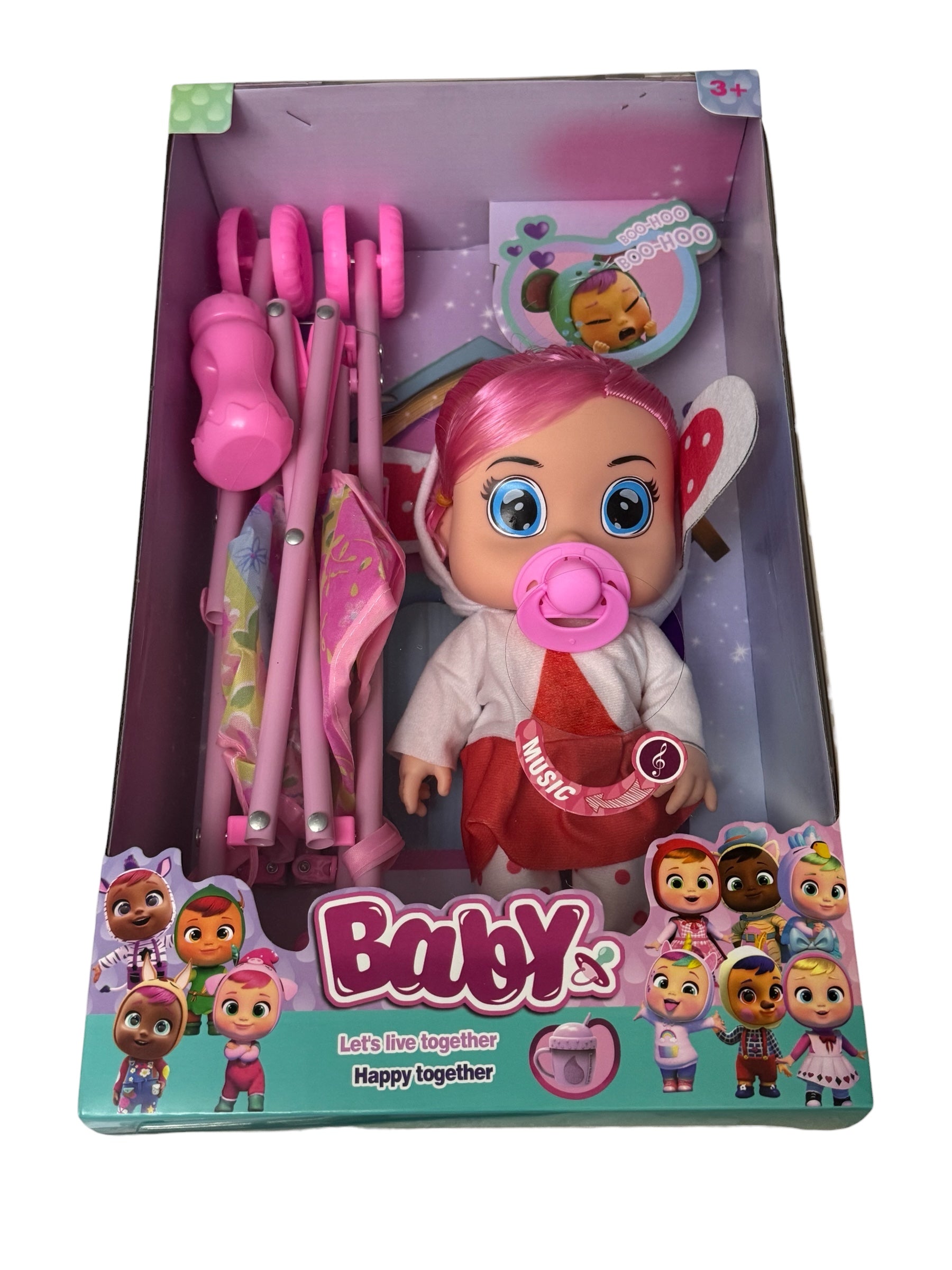 Păpușă Bebeluș cu Cărucior Pliabil și Accesorii, 3+ ani