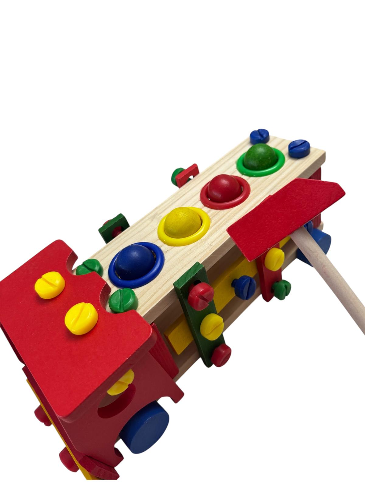 Set Joc Educativ de sortare culori - Mașinuță interactivă din lemn cu bile și ciocănel, 3 ani+