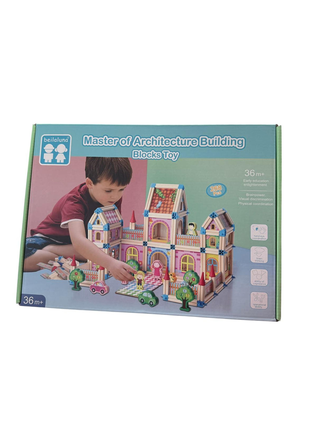 Set construcție Interactiv din lemn – 268 piese, cu ghid ilustrat, 36 luni+