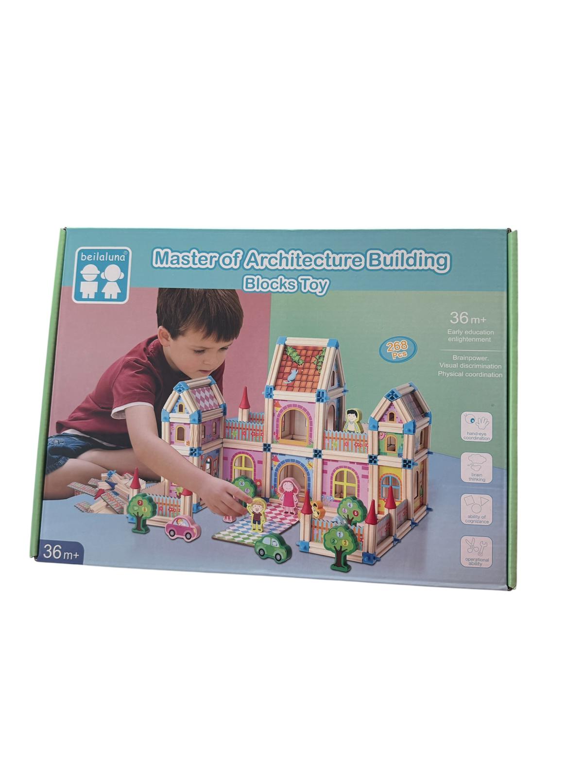 Set construcție Interactiv din lemn – 268 piese, cu ghid ilustrat, 36 luni+