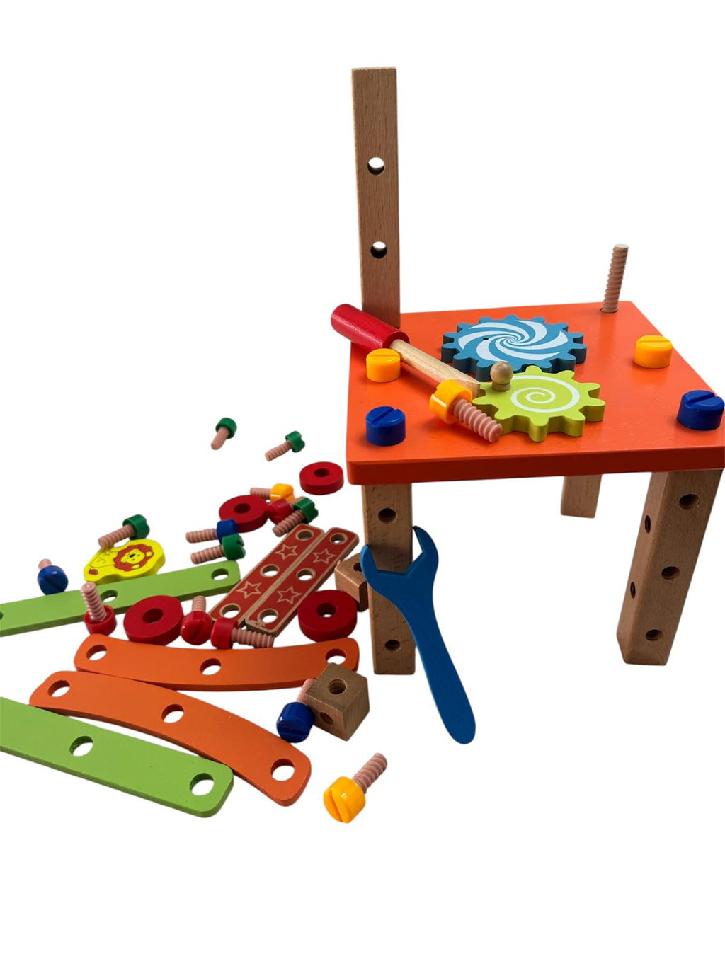 Set de construcție educativ și interactiv - Scaun din lemn de asamblat cu șuruburi și unelte