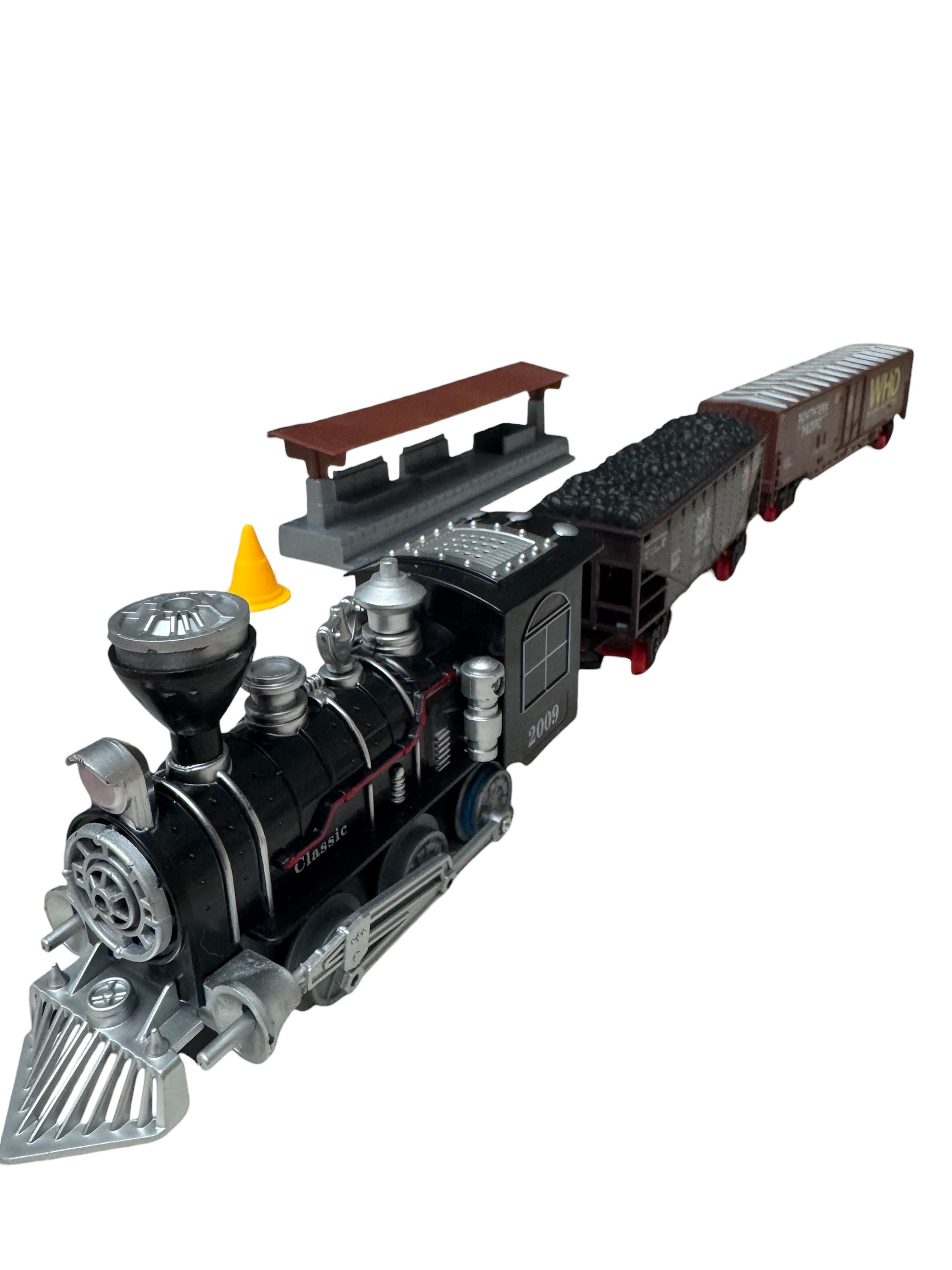 Set Tren Electric Clasic cu Vagoane Marfă, Sunet Fluier Realist și Lumină, 15 Piese