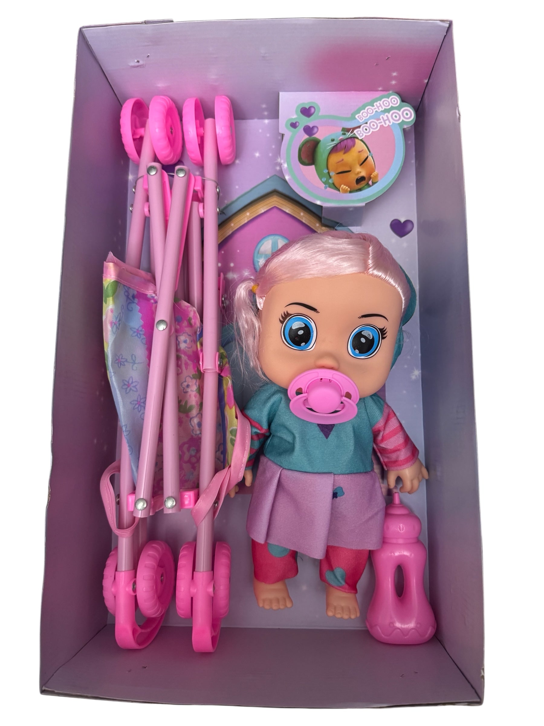 Păpușă Bebeluș cu Cărucior Pliabil și Accesorii, 3+ ani