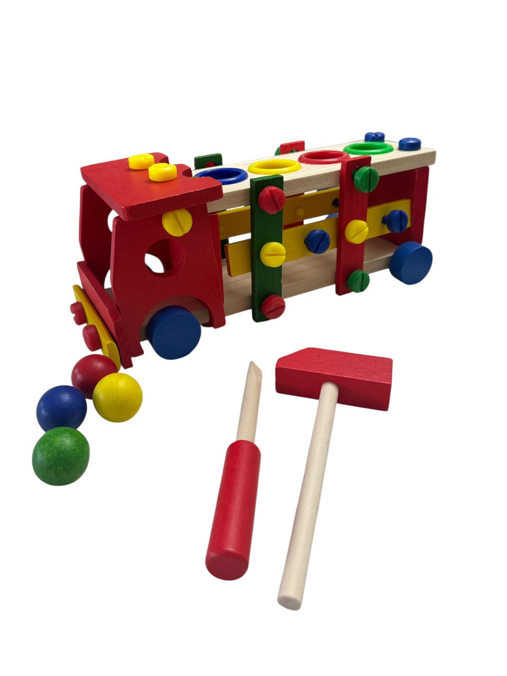 Set Joc Educativ de sortare culori - Mașinuță interactivă din lemn cu bile și ciocănel, 3 ani+