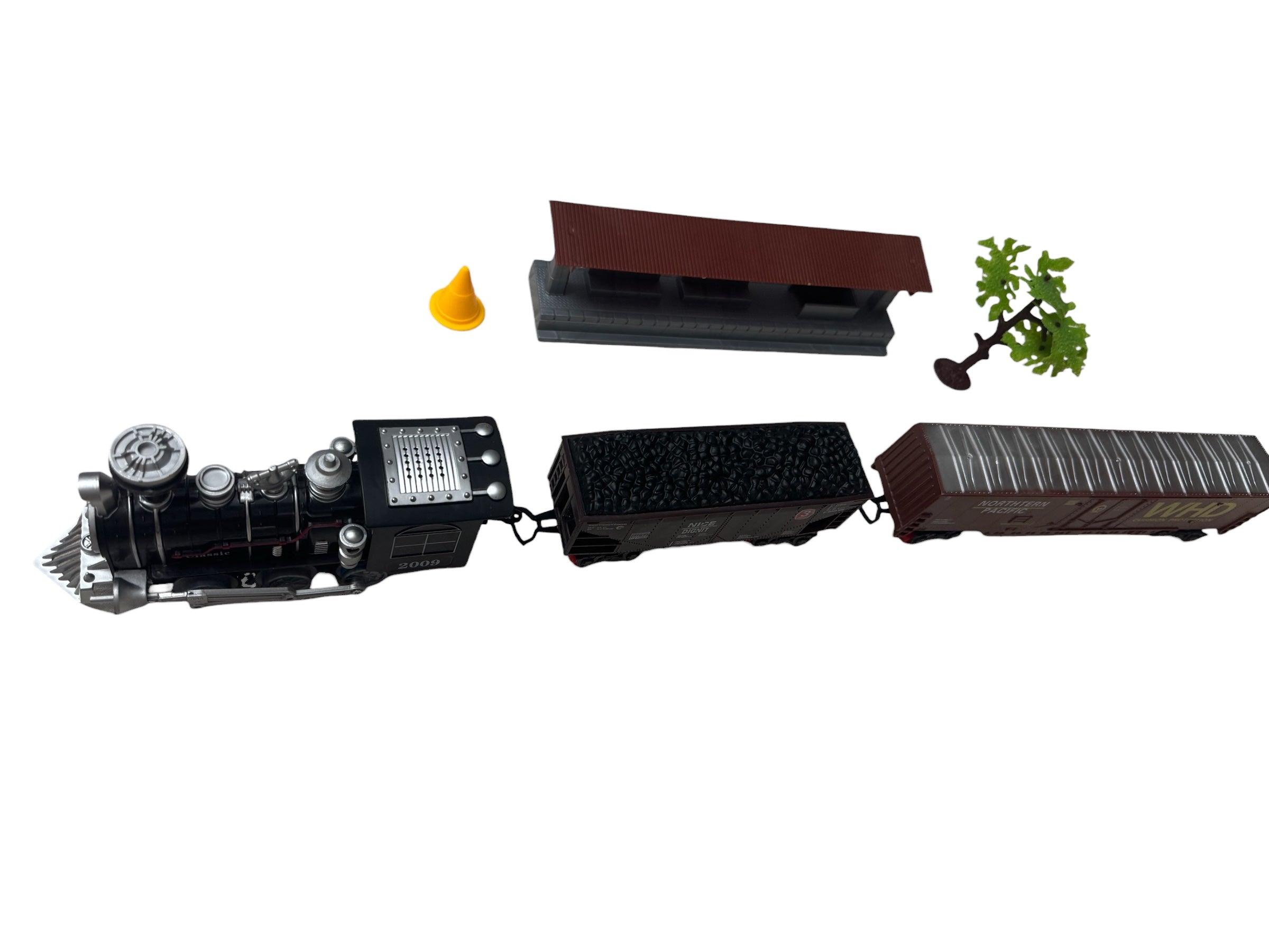 Set Tren Electric Clasic cu Vagoane Marfă, Sunet Fluier Realist și Lumină, 15 Piese