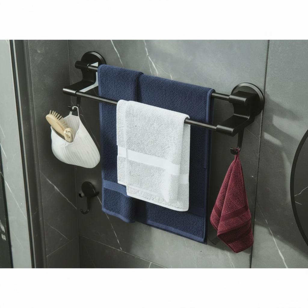 Suport Multifuncțional pentru Prosoape, cu Montare Fără Găurire, 50 x 10.5 x 15 cm, Negru