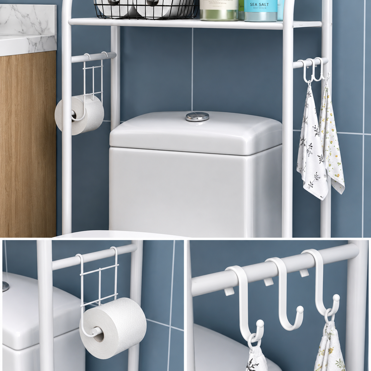 Raft Organizator pentru Toaletă, 3 Polițe, Metalic, 65 x 25 x 153 cm, Alb