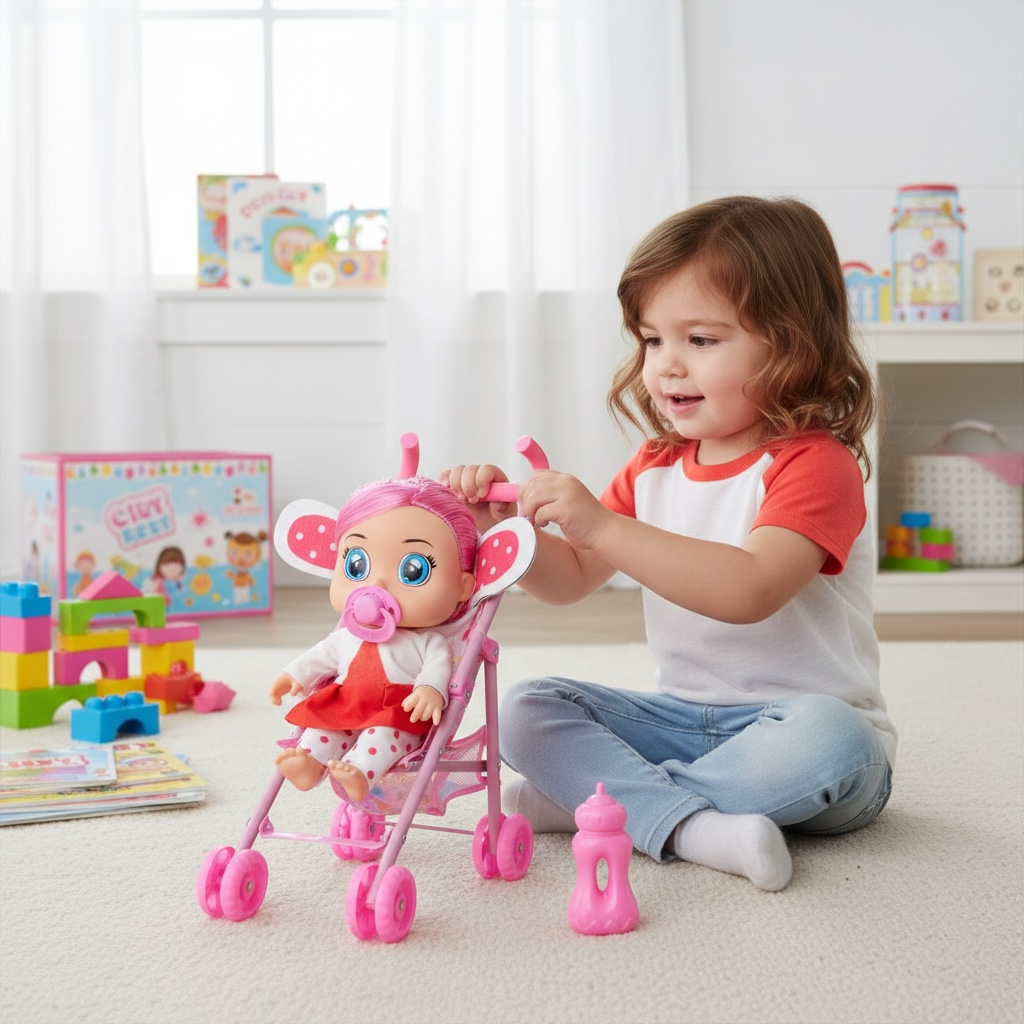 Păpușă Bebeluș cu Cărucior Pliabil și Accesorii, 3+ ani