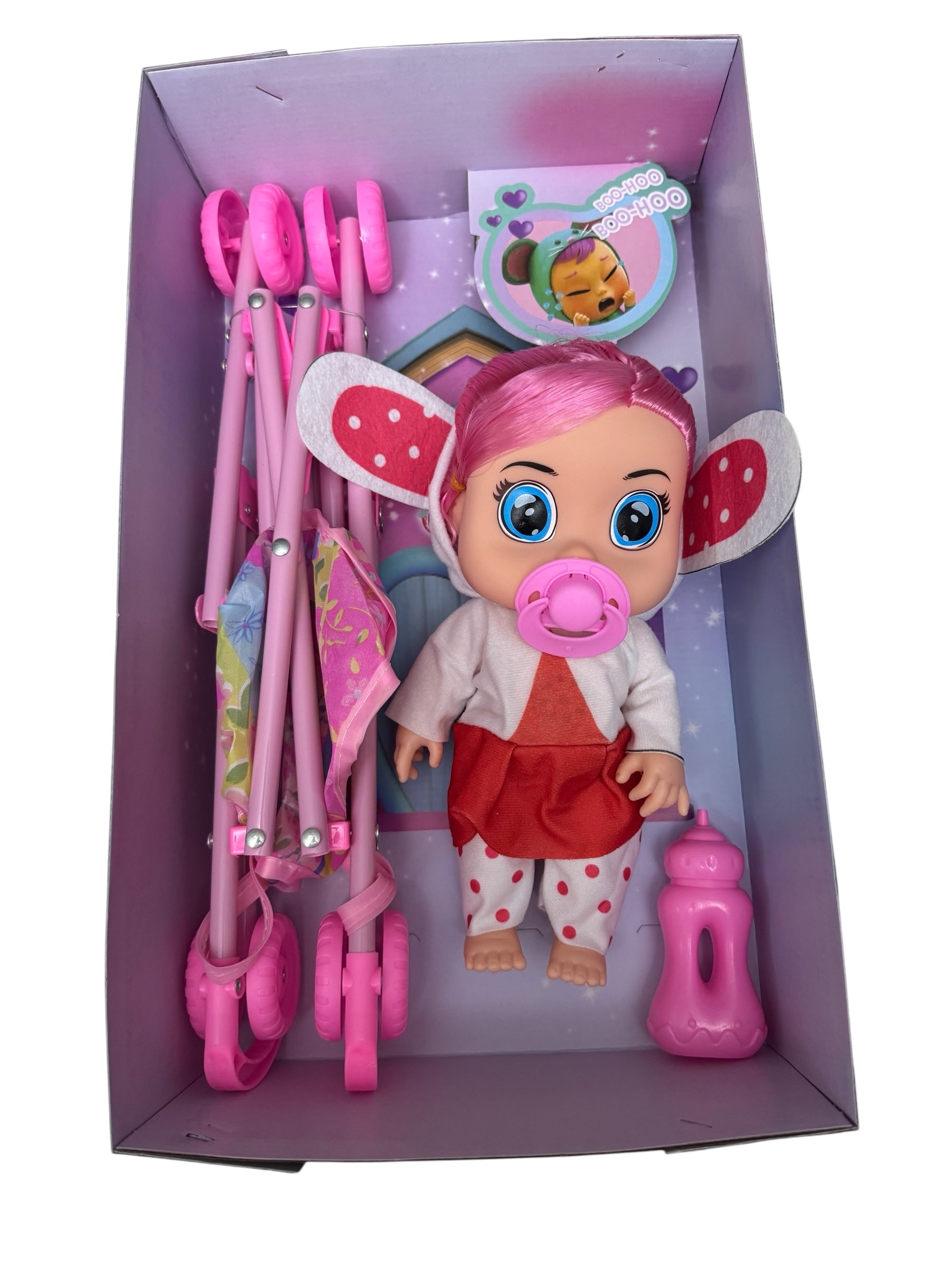 Păpușă Bebeluș cu Cărucior Pliabil și Accesorii, 3+ ani