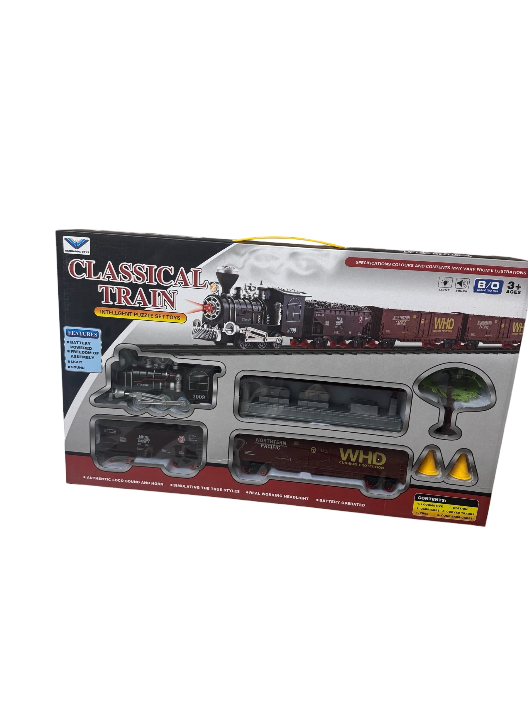 Set Tren Electric Clasic cu Vagoane Marfă, Sunet Fluier Realist și Lumină, 15 Piese