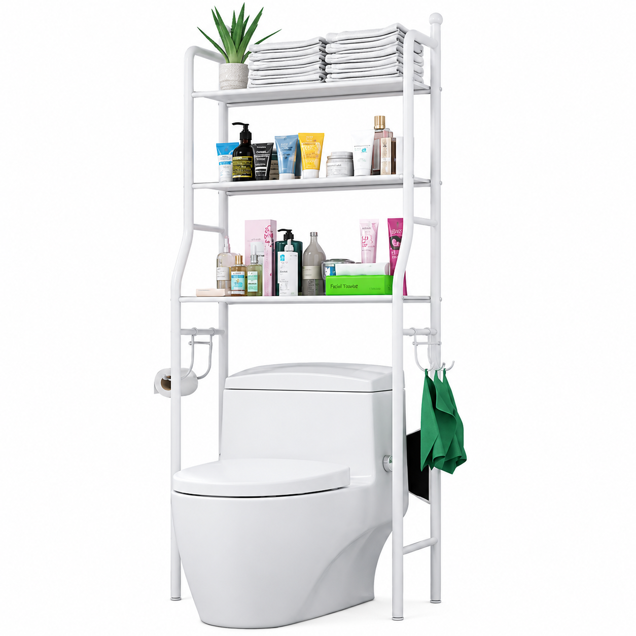 Raft Organizator pentru Toaletă, 3 Polițe, Metalic, 65 x 25 x 153 cm, Alb