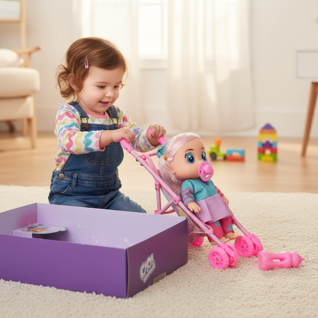 Păpușă Bebeluș cu Cărucior Pliabil și Accesorii, 3+ ani