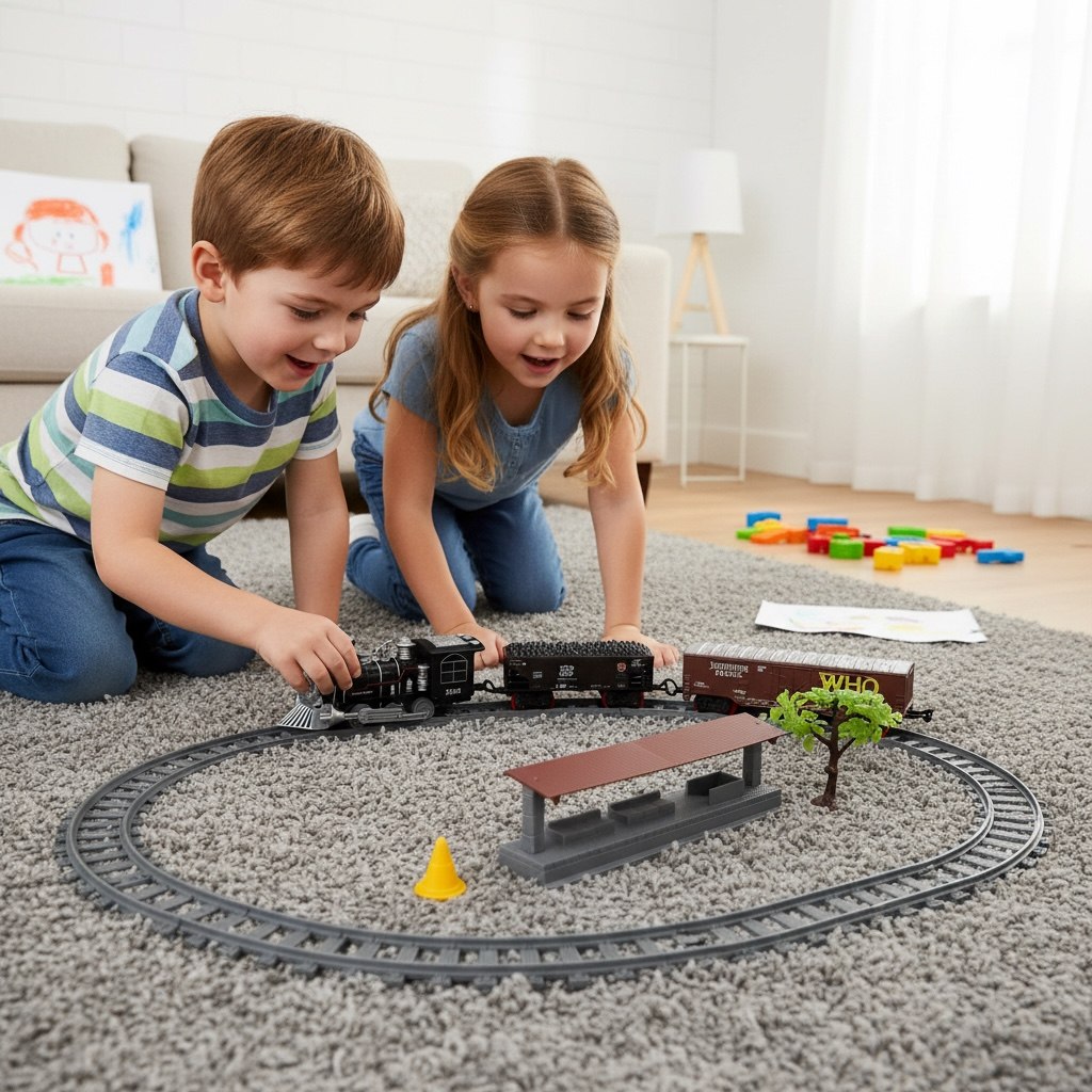 Set Tren Electric Clasic cu Vagoane Marfă, Sunet Fluier Realist și Lumină, 15 Piese