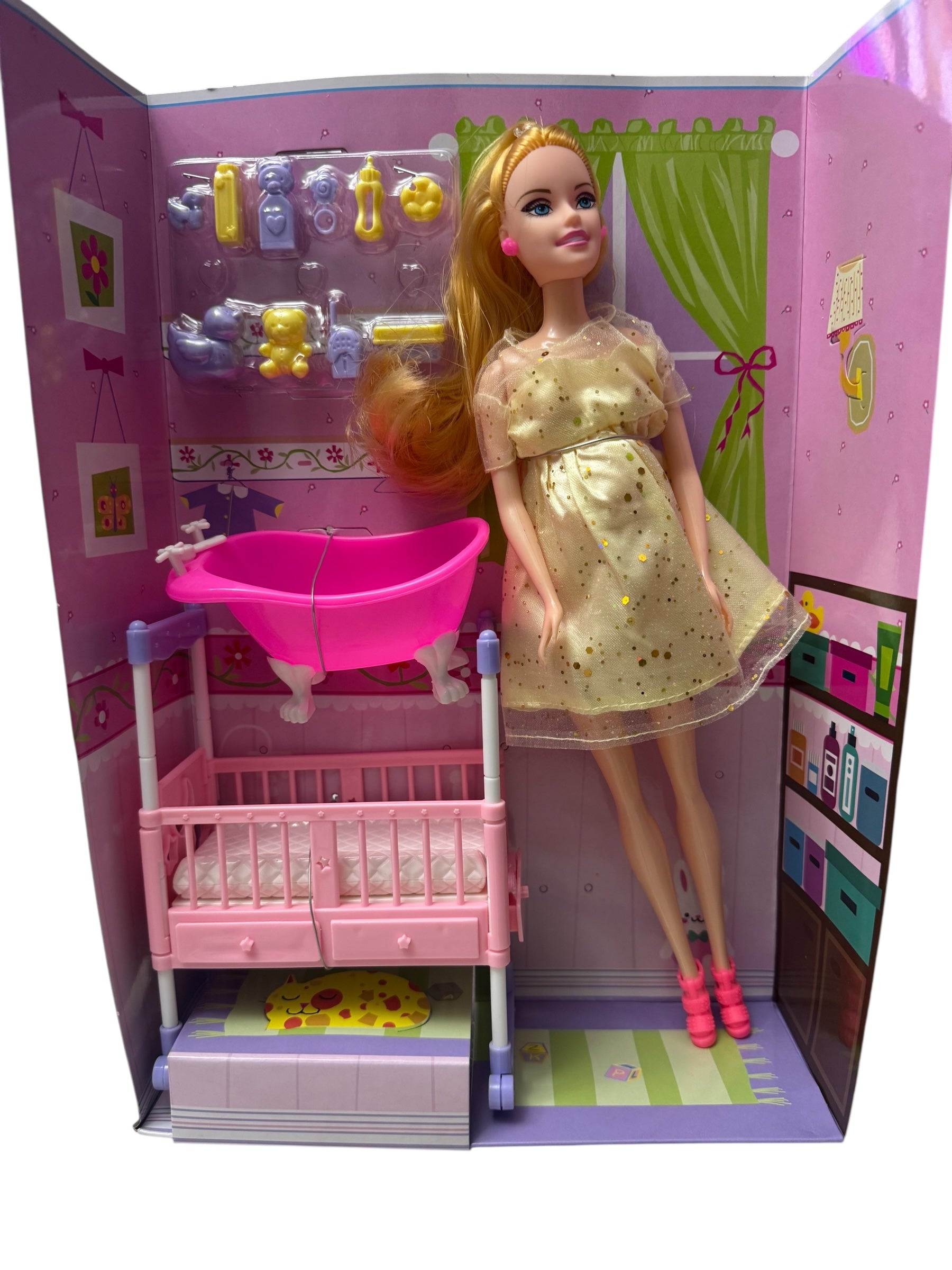 Păpușă Gravida cu Set Bebeluș – Pătuț, Cadă și Masă de Înfășat