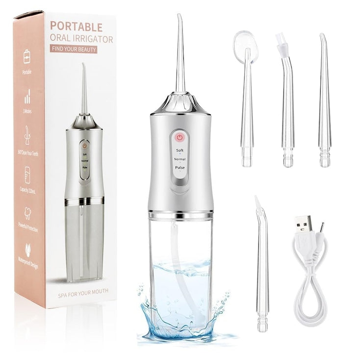 Irigator Bucal Portabil Reîncărcabil, 200ml, 3 Moduri, 4 Capete Incluse, Curățare Profesională Dentară, USB