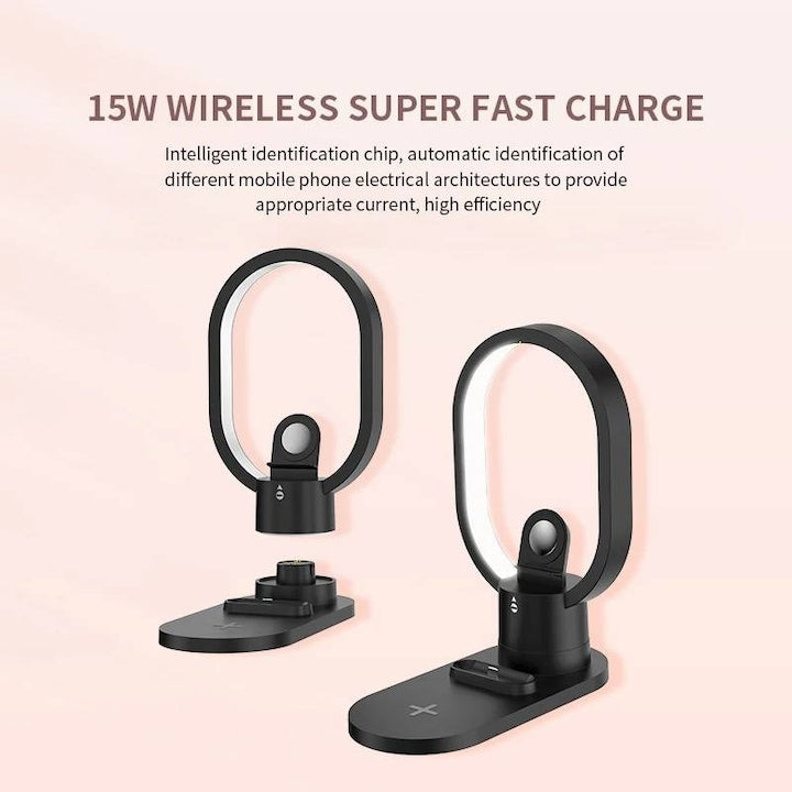Încărcător Wireless 4 în 1 Fast Charge, 15W, pentru Telefon, Ceas și Căști, cu Lampă LED