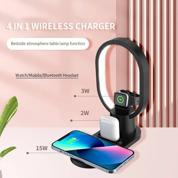 Încărcător Wireless 4 în 1 Fast Charge, 15W, pentru Telefon, Ceas și Căști, cu Lampă LED