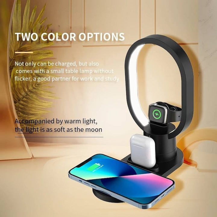 Încărcător Wireless 4 în 1 Fast Charge, 15W, pentru Telefon, Ceas și Căști, cu Lampă LED