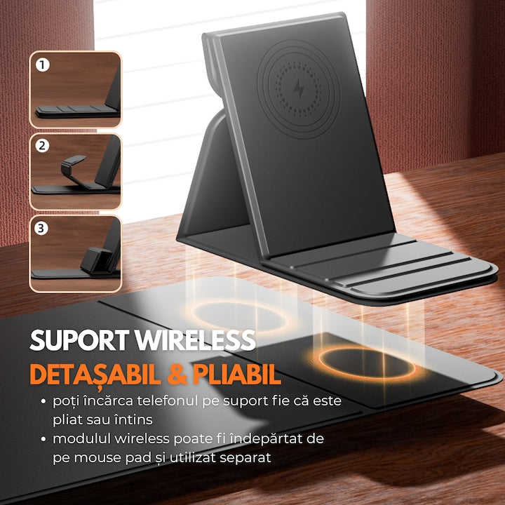 Mouse Pad cu Încărcare Wireless 15W, Multifuncțional, Suport Telefon Integrat, USB Type-C
