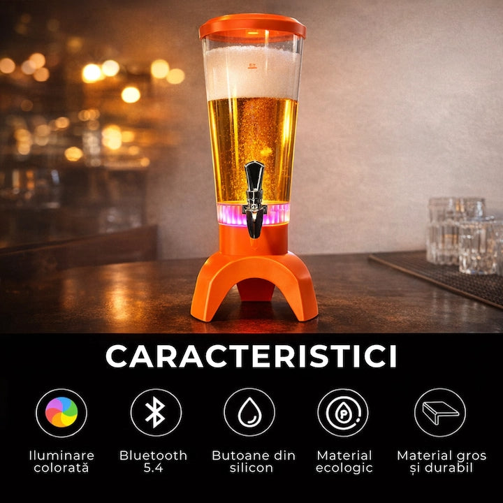 Dozator de Bere cu Iluminare LED RGB și Boxă Bluetooth Integrată, Capacitate 3L, Reîncărcabil USB Type-C
