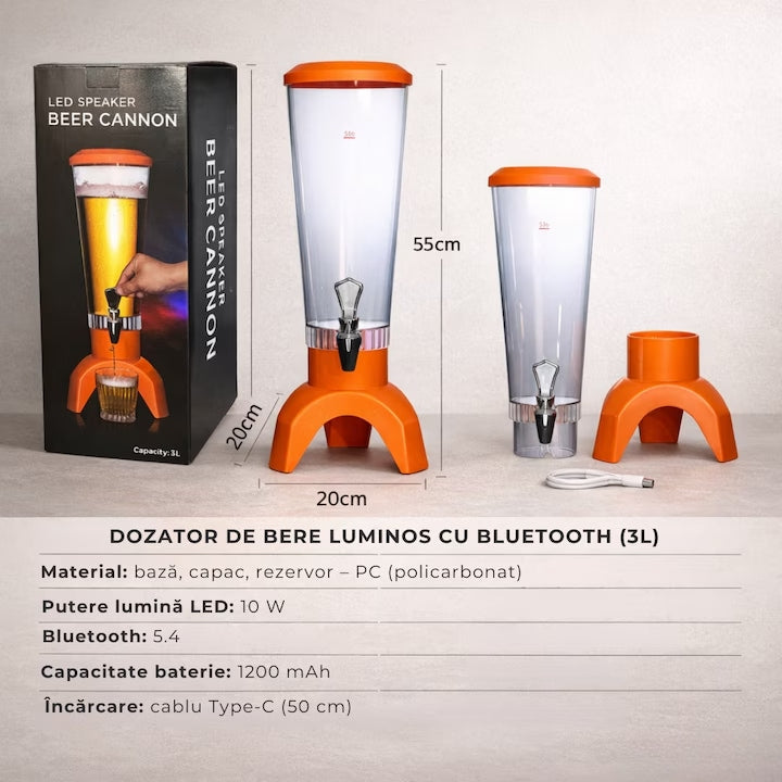 Dozator de Bere cu Iluminare LED RGB și Boxă Bluetooth Integrată, Capacitate 3L, Reîncărcabil USB Type-C