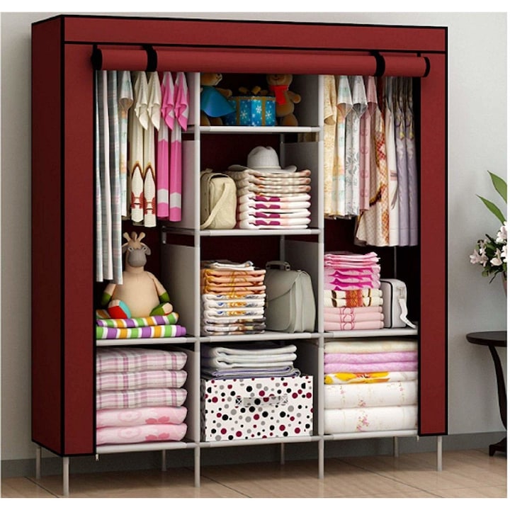 Dulap Textil pentru Haine cu 12 Compartimente și Bare pentru Umerașe, 130 x 45 x 175 cm