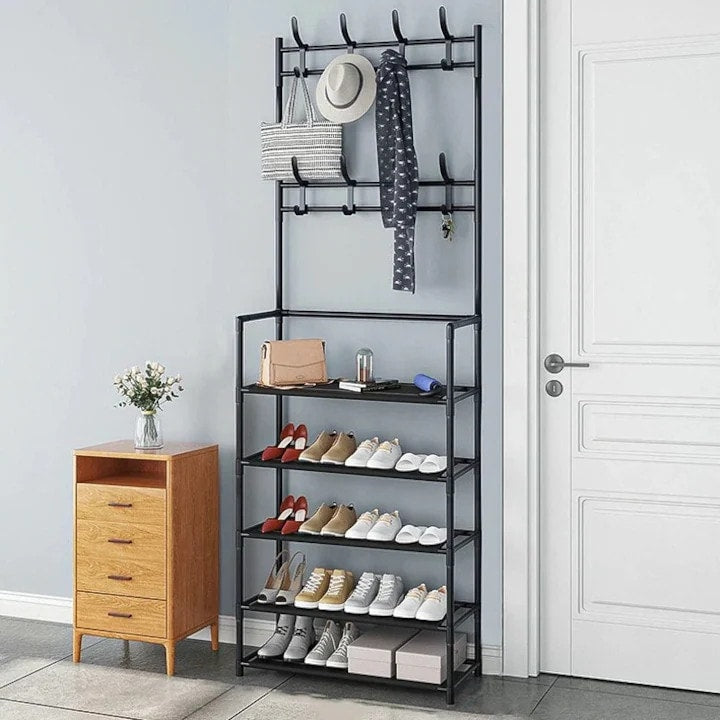 Cuier Multifuncțional cu Rafturi pentru Pantofi și Haine, 3 în 1, 80 x 28 x 170 cm, Metalic, Negru