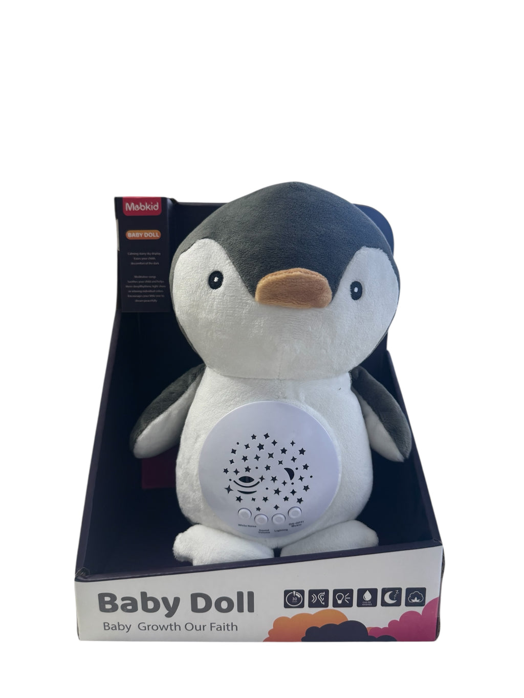 Pinguin Muzical Baby Doll cu Proiector Stele și White Noise – 22 cm