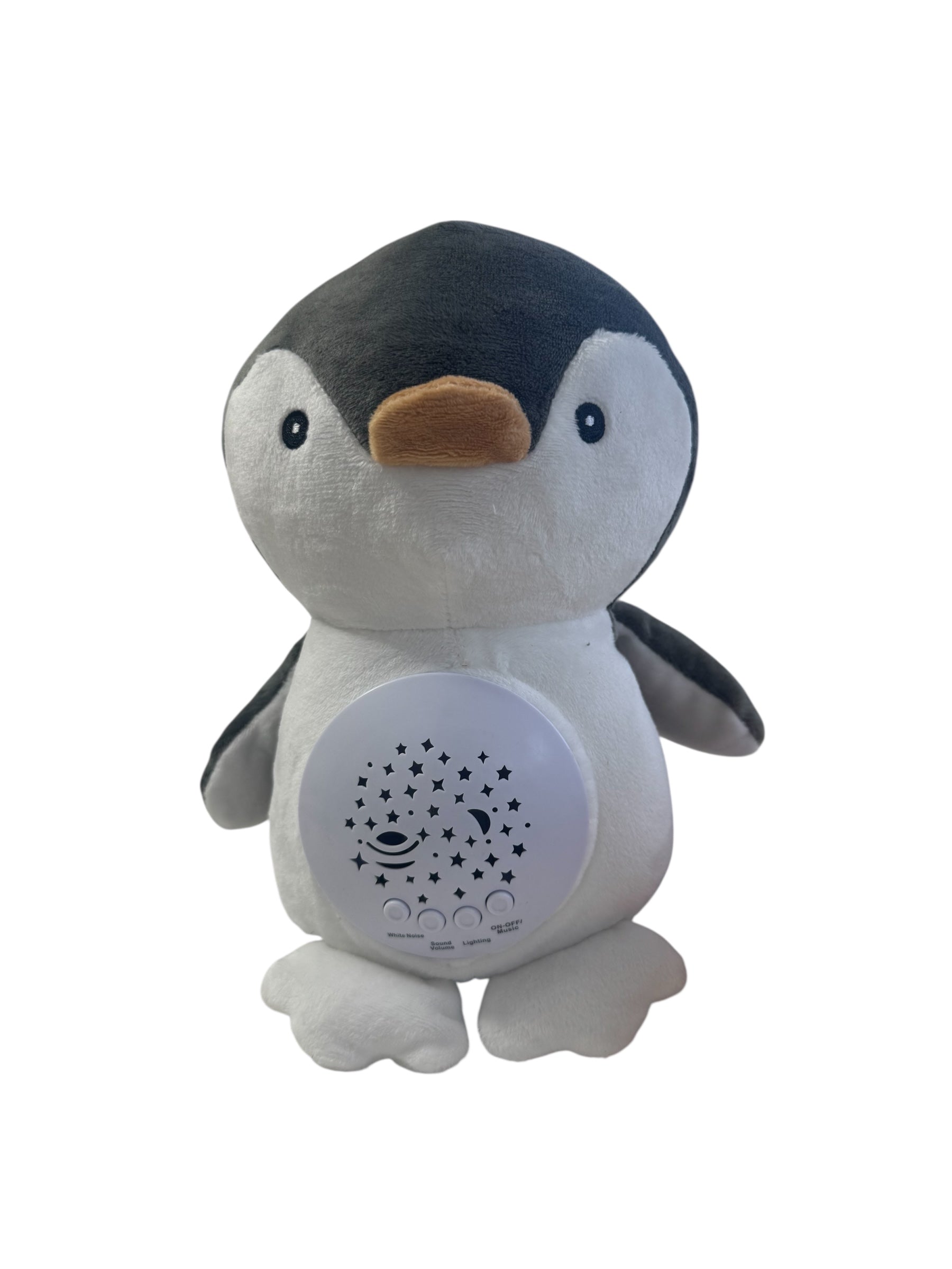 Pinguin Muzical Baby Doll cu Proiector Stele și White Noise – 22 cm