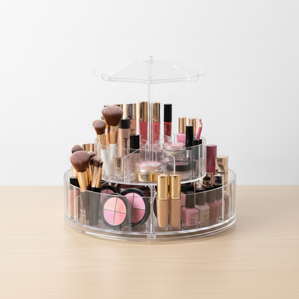 Organizator Rotativ Cosmetice 360°, 2 Niveluri, Suport Machiaj Transparent cu Capacitate Mare, Tip Carousel