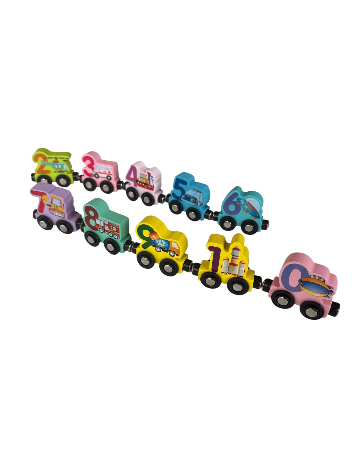 Tren educativ magnetic cu cifre 0–9 – Set din lemn, 3+ ani