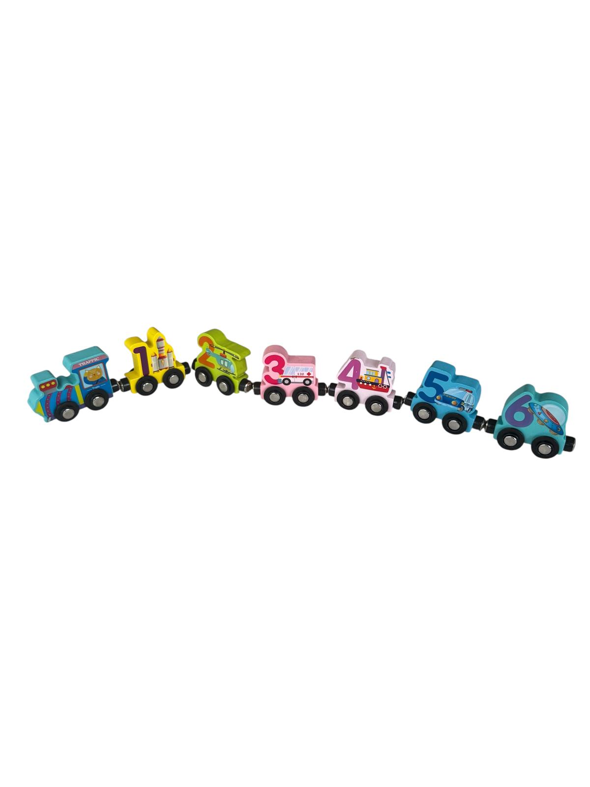 Tren educativ magnetic cu cifre 0–9 – Set din lemn, 3+ ani