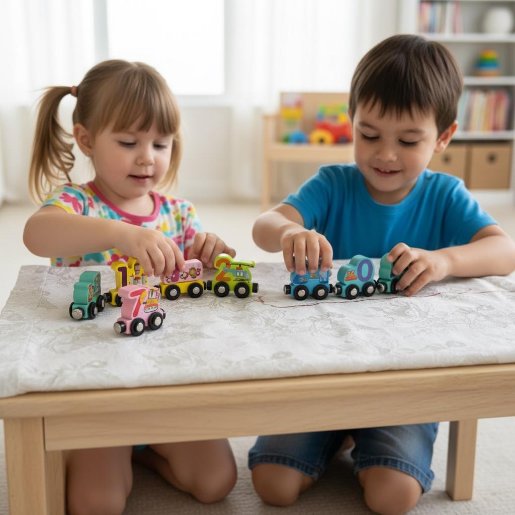 Tren educativ magnetic cu cifre 0–9 – Set din lemn, 3+ ani