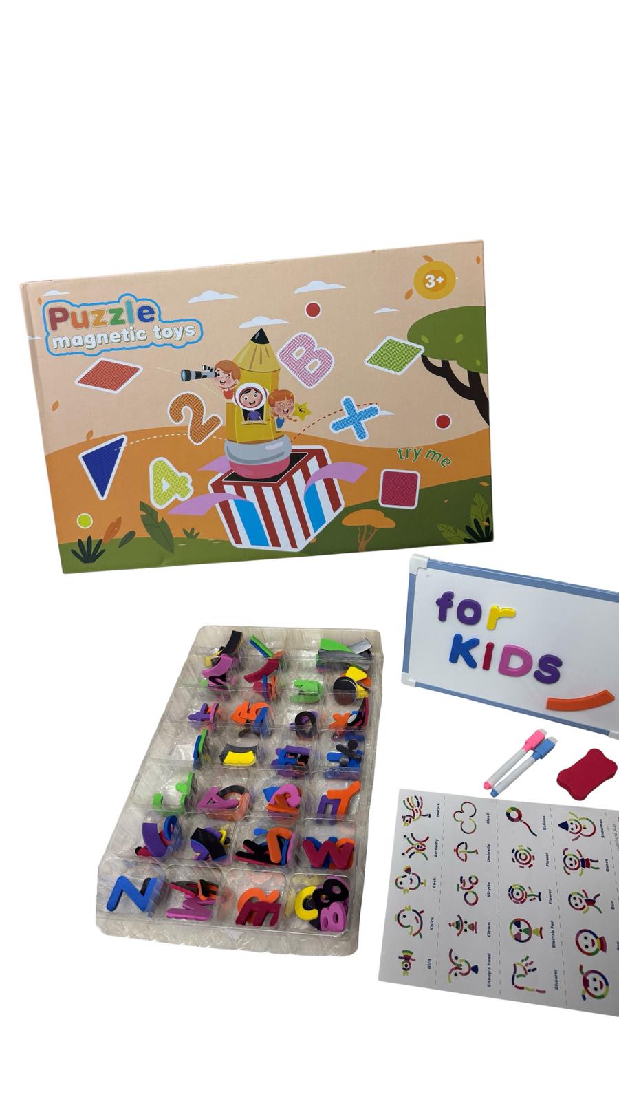 Set educativ Puzzle Magnetic cu tablă – Litere, cifre și forme – 3+ ani