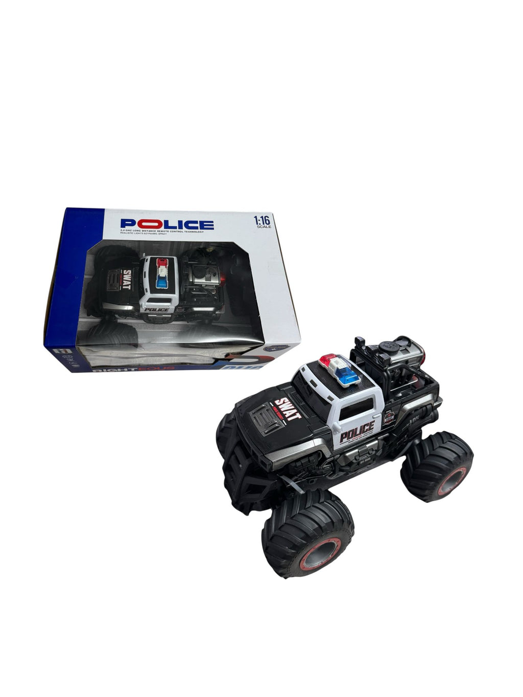Mașină cu telecomandă RC Off-Road Poliție de Jucărie, 2.4GHz, cu lumini LED și funcție spray, 6+ ani