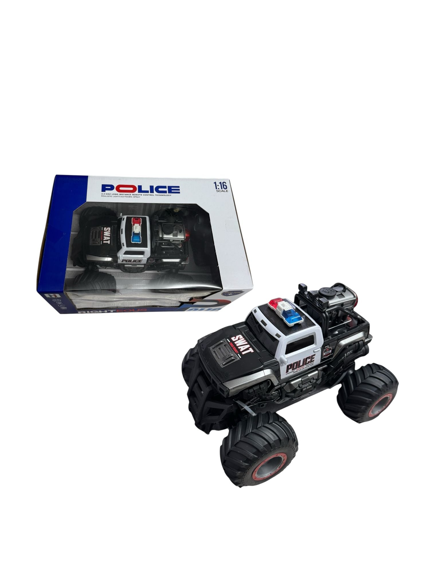 Mașină cu telecomandă RC Off-Road Poliție de Jucărie, 2.4GHz, cu lumini LED și funcție spray, 6+ ani