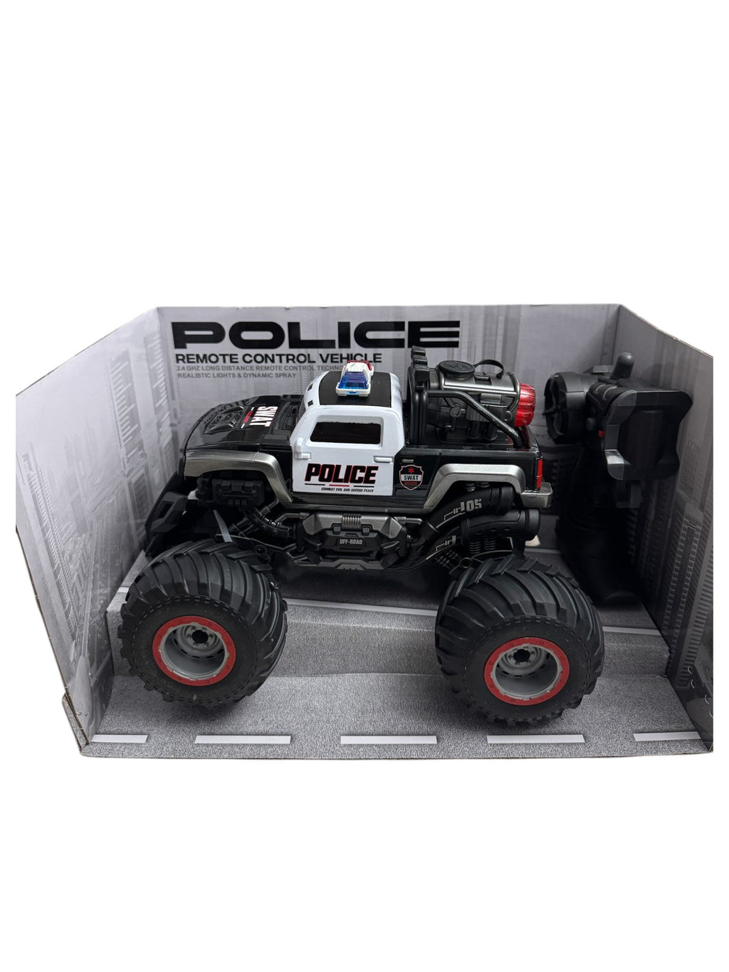 Mașină cu telecomandă RC Off-Road Poliție de Jucărie, 2.4GHz, cu lumini LED și funcție spray, 6+ ani