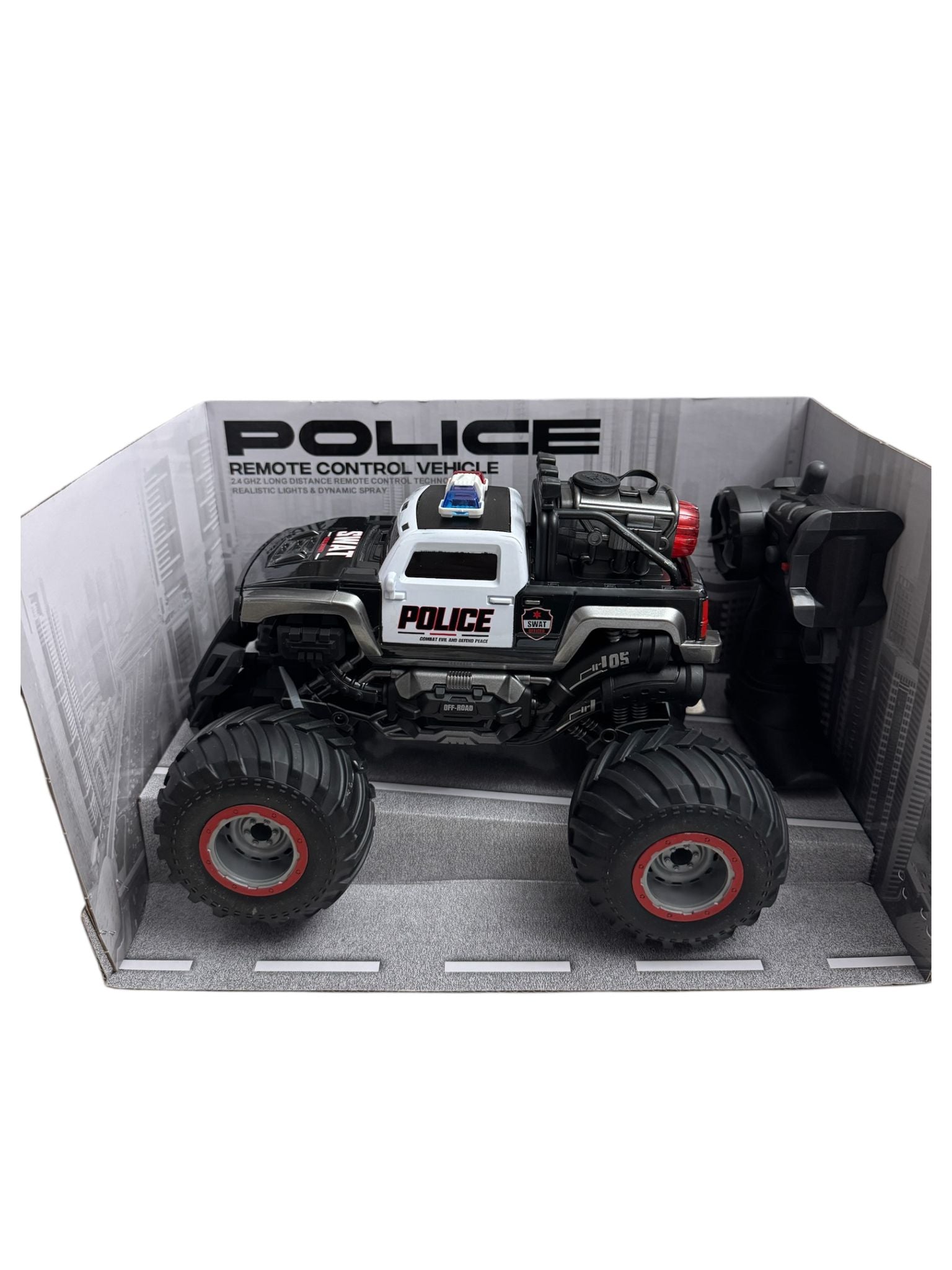 Mașină cu telecomandă RC Off-Road Poliție de Jucărie, 2.4GHz, cu lumini LED și funcție spray, 6+ ani