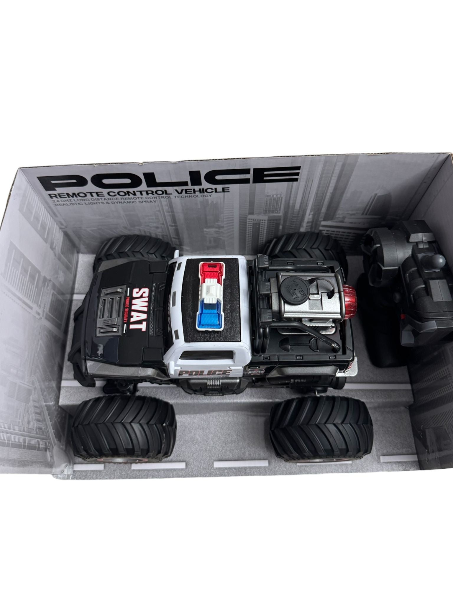 Mașină cu telecomandă RC Off-Road Poliție de Jucărie, 2.4GHz, cu lumini LED și funcție spray, 6+ ani